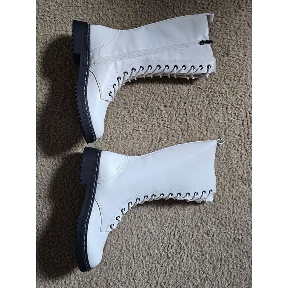 White Lace Up Combat Boots Side Zipper Mid Calf Rollda Collection Size 7 - Picture 2 of 3